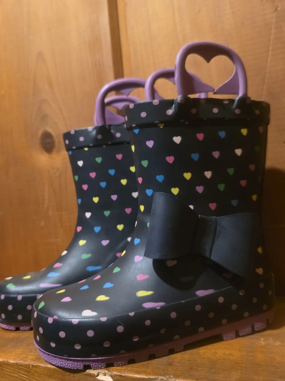 Kids Waterproof Heart Rain Boots with Bow - Black & Multi
